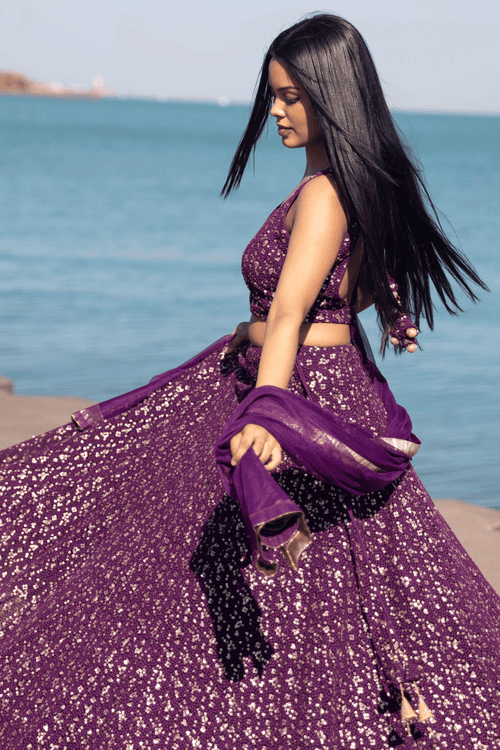 Wine Sequins Lehenga Choli Set