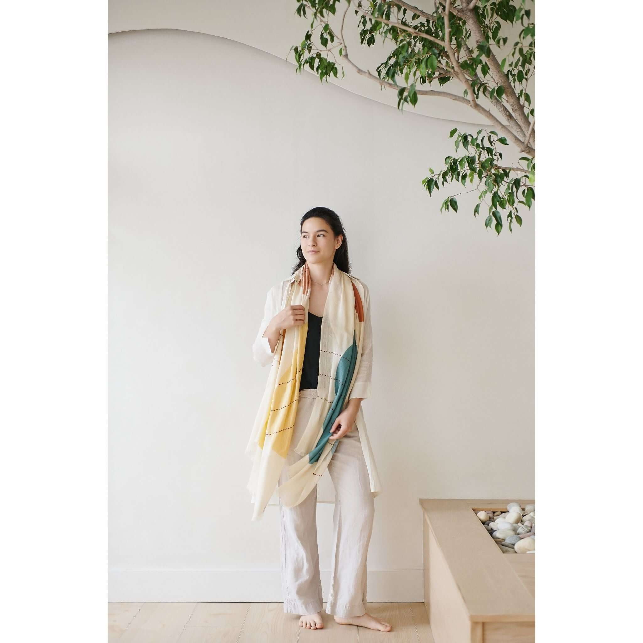 Cirq Moon Off White Multicolor Handwoven Linen Silk Scarf