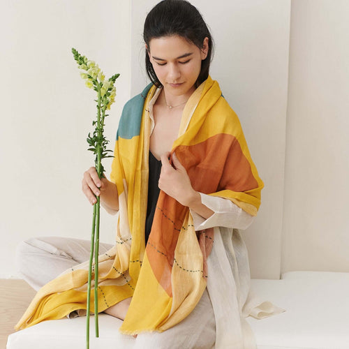 Cirq Sun Yellow Multicolor Modern Artisan Linen Silk Scarf