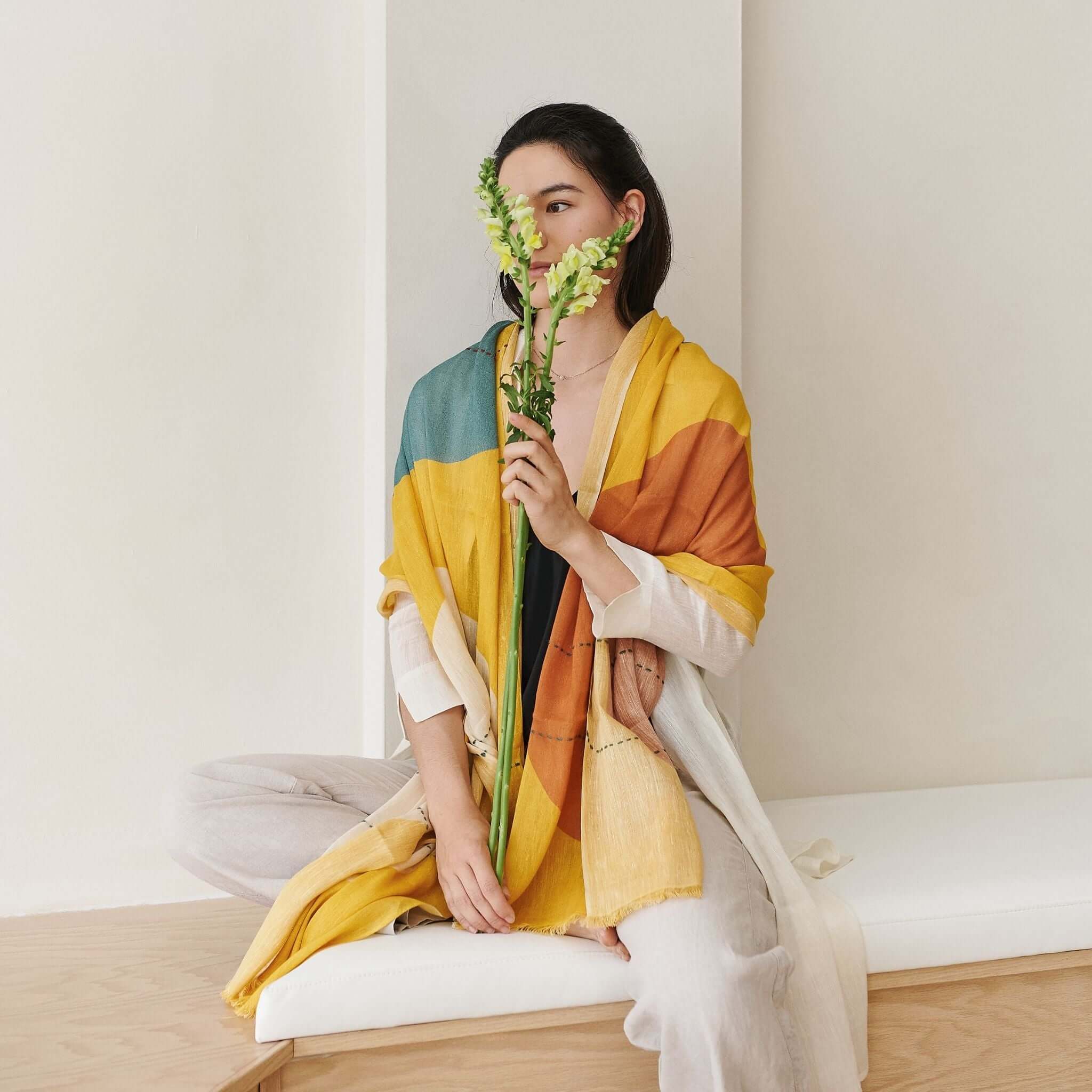 Cirq Sun Yellow Multicolor Modern Artisan Linen Silk Scarf