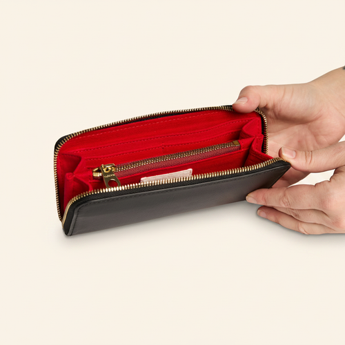 Gala Long Wallet Black Lipstick Red model with natural ground shadow on warm ivory background