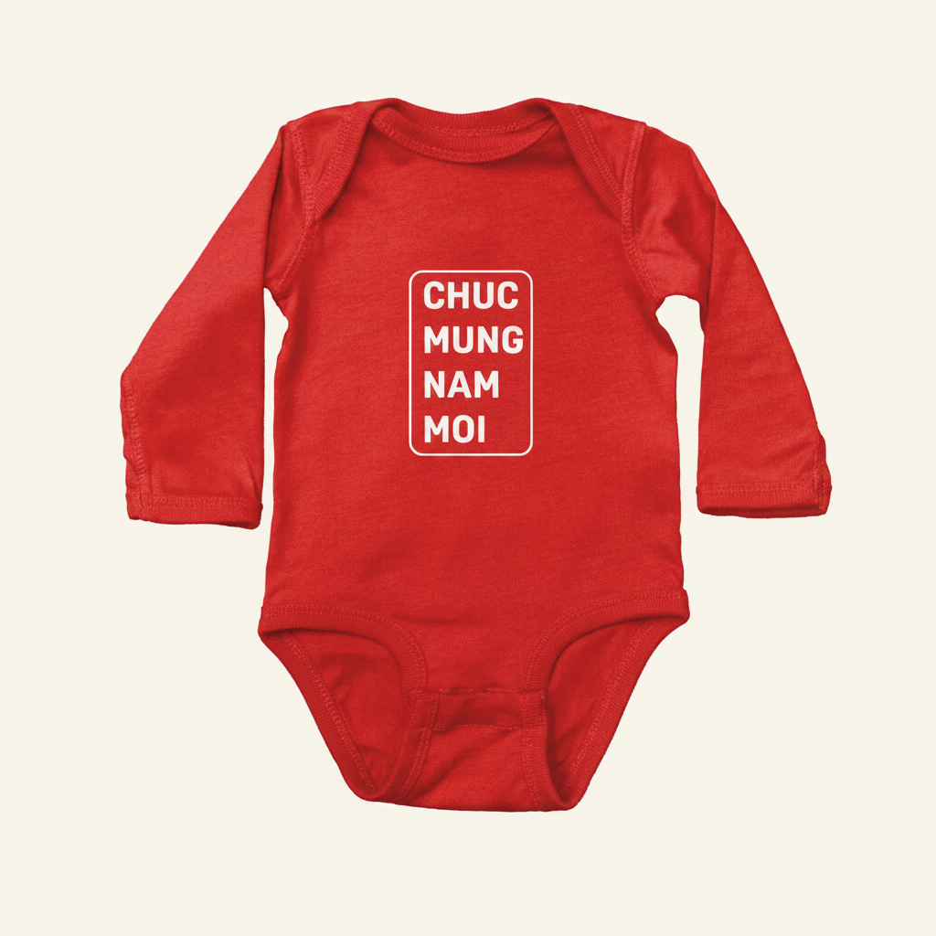 Lunar New Year Greeting Long Sleeve Onesies flat lay on clean warm ivory background, zero shadows — CULTR editorial product photo