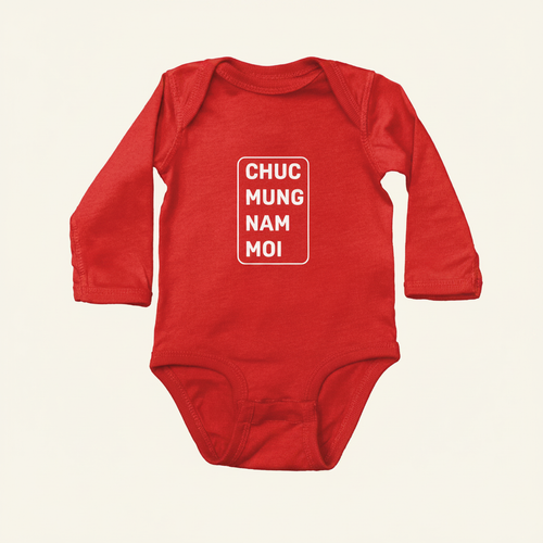 Lunar New Year Greeting Long Sleeve Onesies flat lay on clean warm ivory background, zero shadows — CULTR editorial product photo