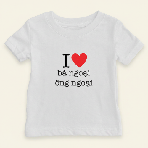 I Heart Grandma & Grandpa Vietnamese Baby T-Shirt (Maternal) flat lay on clean warm ivory background, zero shadows — CULTR editorial product photo