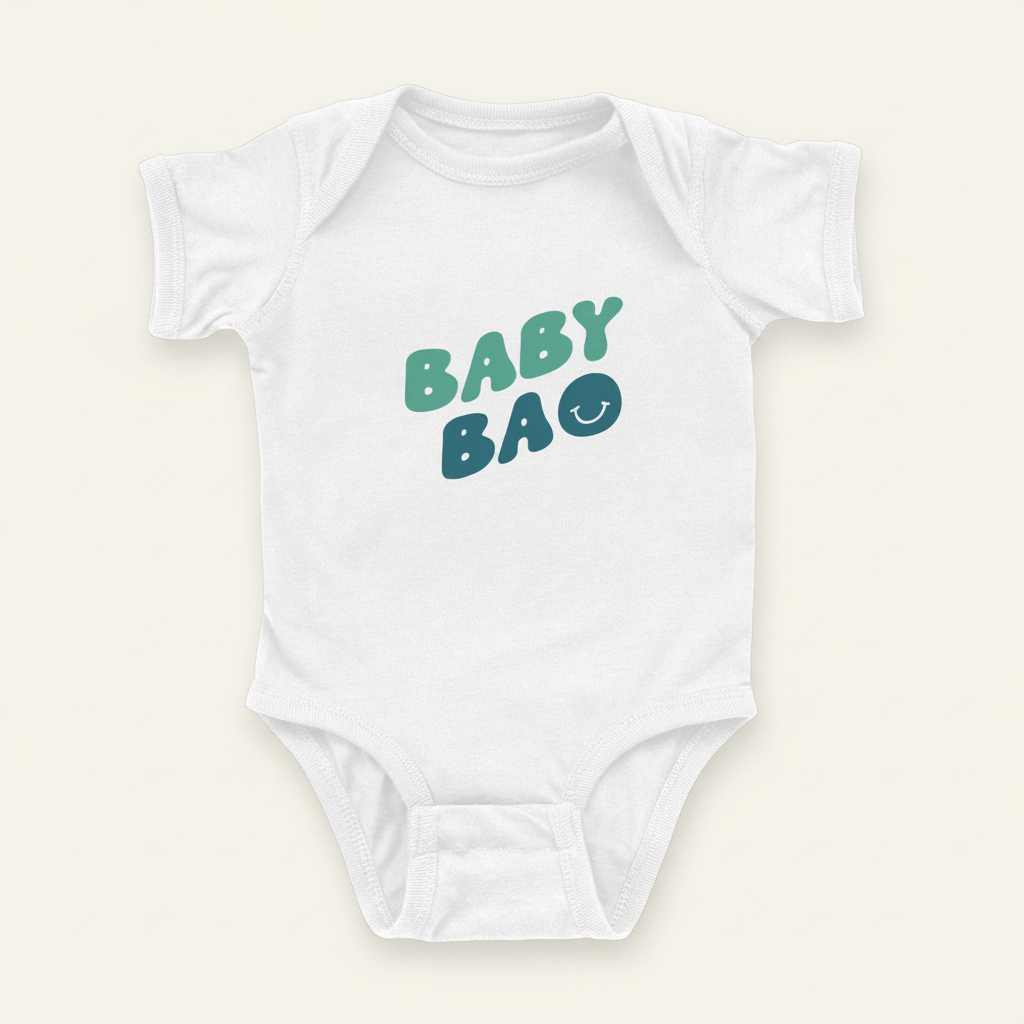 Baby Bao Onesie flat lay on clean warm ivory background, zero shadows — CULTR editorial product photo
