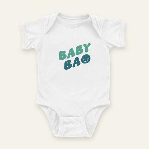 Baby Bao Onesie flat lay on clean warm ivory background, zero shadows — CULTR editorial product photo