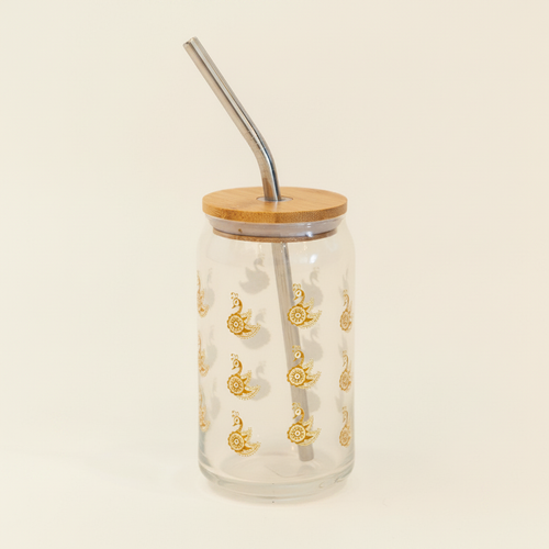 Henna Peacock Glass Tumbler on ivory background