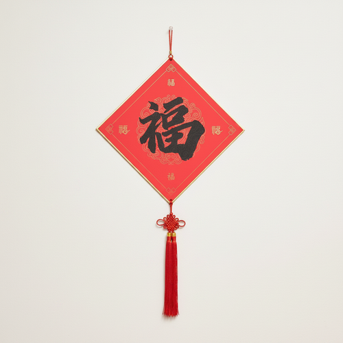 Lunar New Year wall hanging Chinese Vietnamese double-sided on clean warm ivory background, zero shadows — Bo & Mei editorial product photo