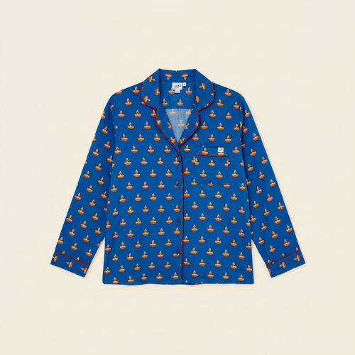 Adult Long Sleeve Button-Down Top – Blue Diya on clean warm ivory background, zero shadows — CULTR editorial product photo