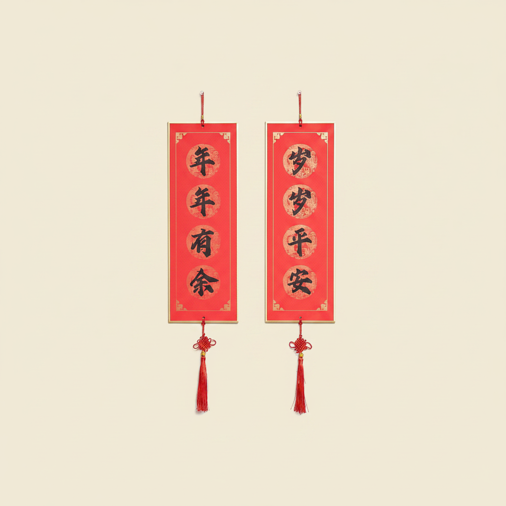Lunar New Year wall hangings Chinese and Vietnamese on clean warm ivory background, zero shadows — Bo & Mei editorial product photo