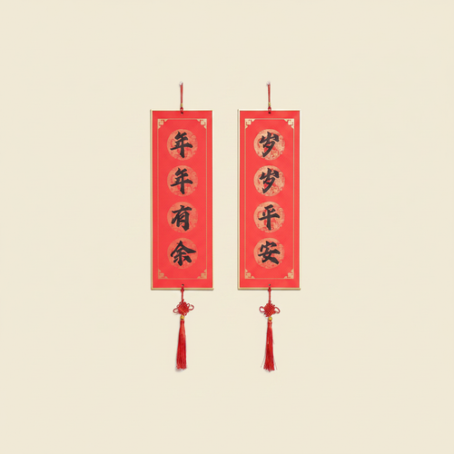 Lunar New Year wall hangings Chinese and Vietnamese on clean warm ivory background, zero shadows — Bo & Mei editorial product photo