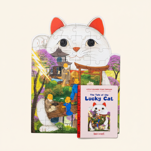 The Tale of the Lucky Cat Story Puzzle on clean warm ivory background, zero shadows — Bo & Mei editorial product photo
