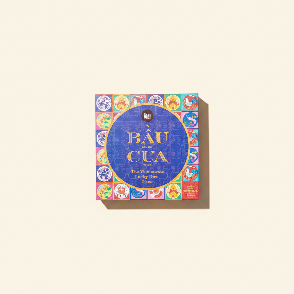 Bau Cua Vietnamese Lucky Dice Game on clean warm ivory background, zero shadows — Bo & Mei editorial product photo