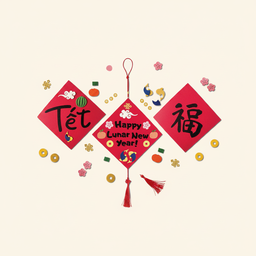 Create-Your-Own Lucky New Year Hangings on clean warm ivory background, zero shadows — Bo & Mei editorial product photo