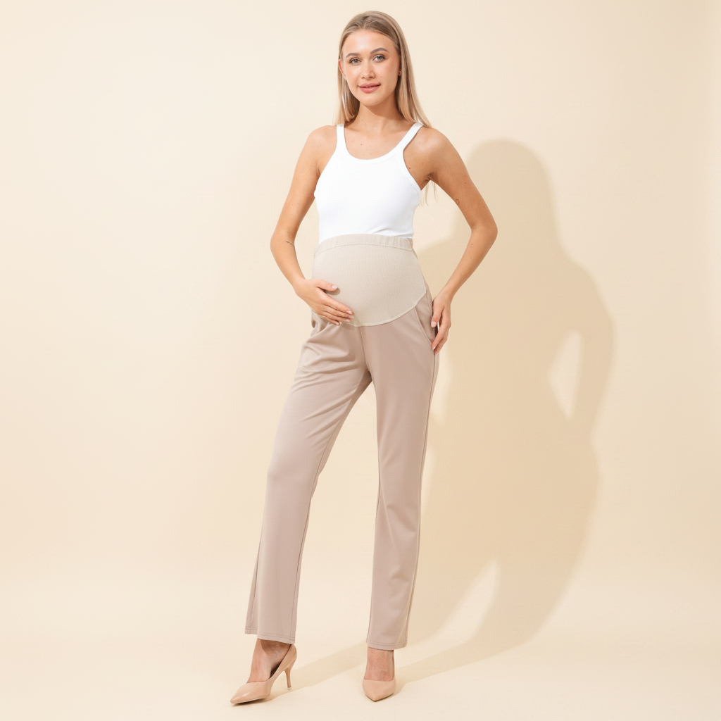 The Maternity Trouser Pant Khaki model on warm ivory background