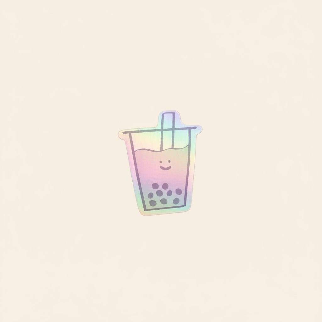 Holographic Boba Vinyl Sticker on clean warm ivory background with flat ambient light — CULTR editorial product photo