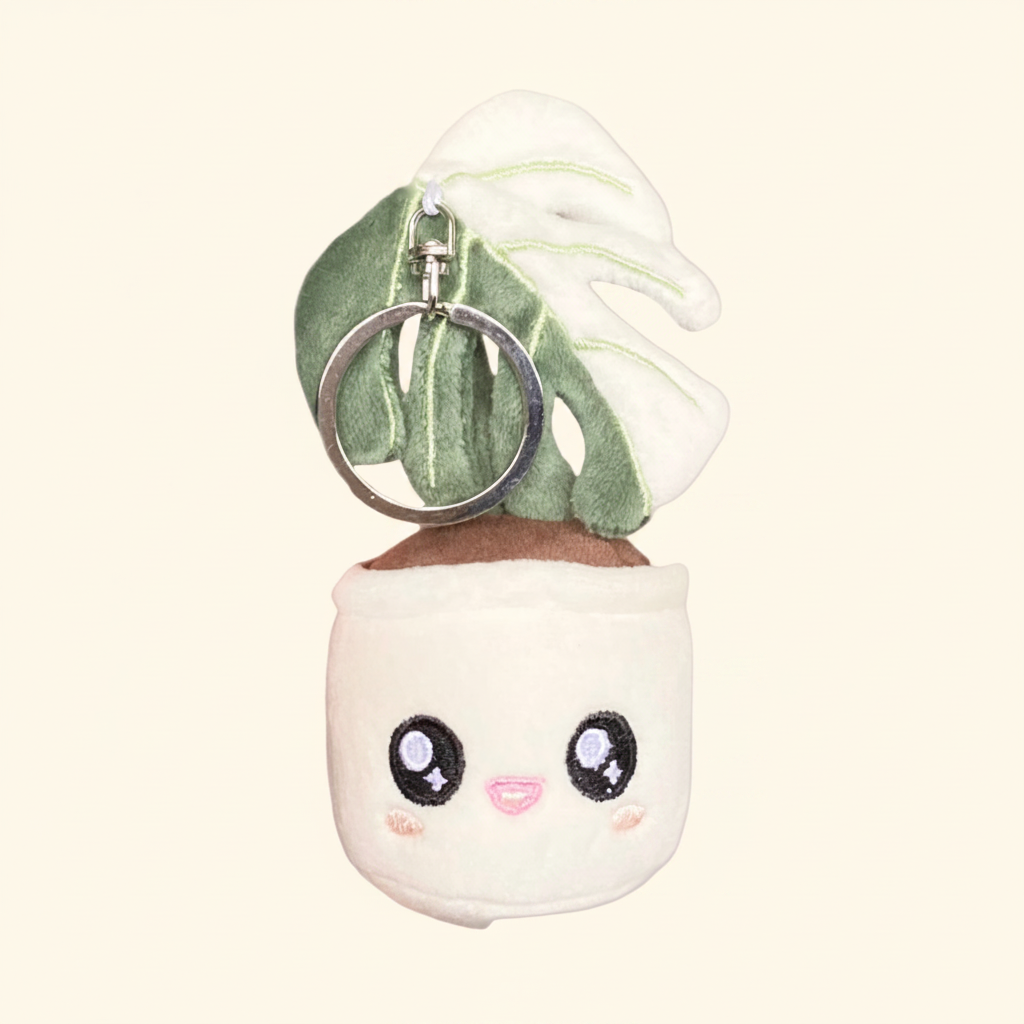 Monstera Deliciosa ‘Albo Variegata’ Plush Keychain – 5″ Houseplant Bag Charm