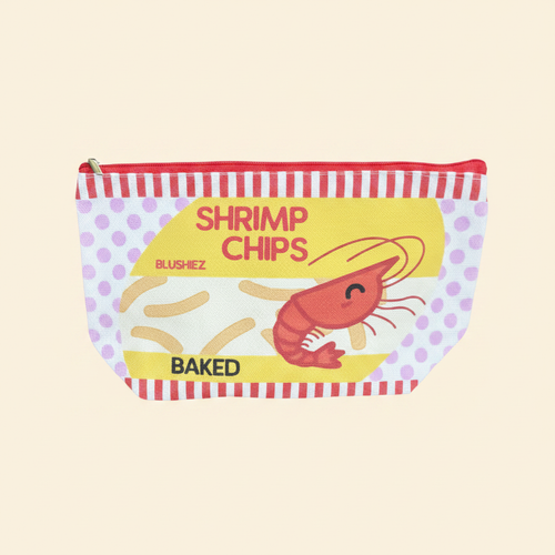 Shrimp Chips Zippered Canvas Pouch on clean warm ivory background, zero shadows — Blushiez editorial product photo