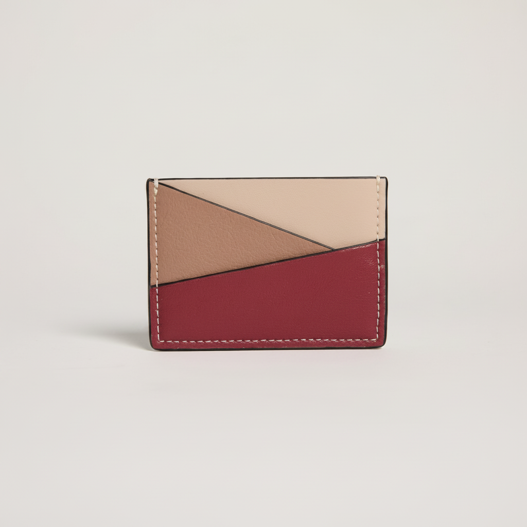 Gala Puzzle Cardholder (Red Mix) on clean warm ivory background, zero shadows, no logos — CULTR editorial product photo