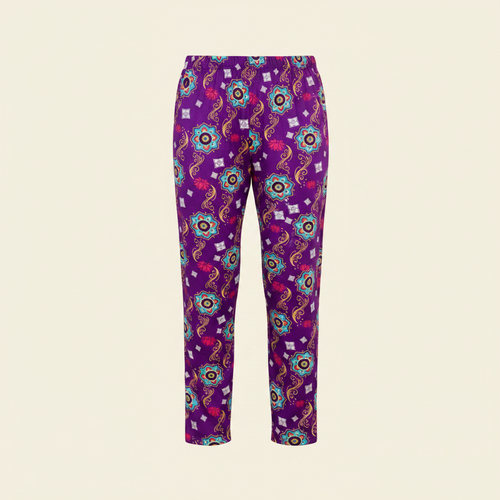 Adult Unisex Pajama Pants – Purple Rangoli on clean warm ivory background, zero shadows — CULTR editorial product photo