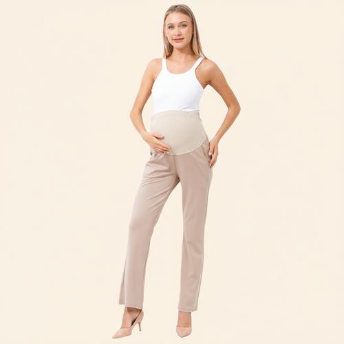 The Maternity Trouser Pant Khaki model on warm ivory background no shadow