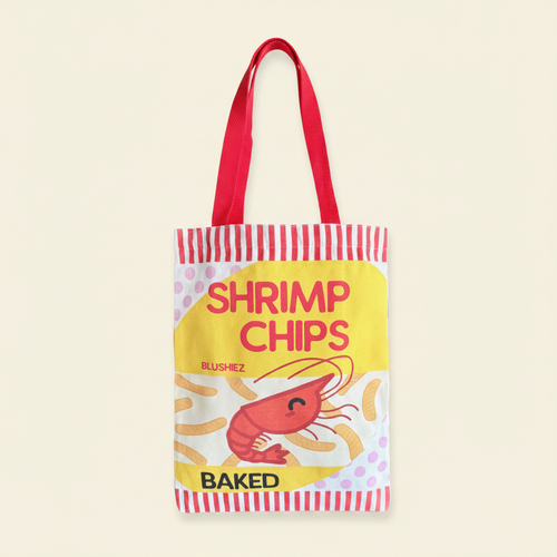 Shrimp Chips Tote Bag on clean warm ivory background, zero shadows — Blushiez editorial product photo