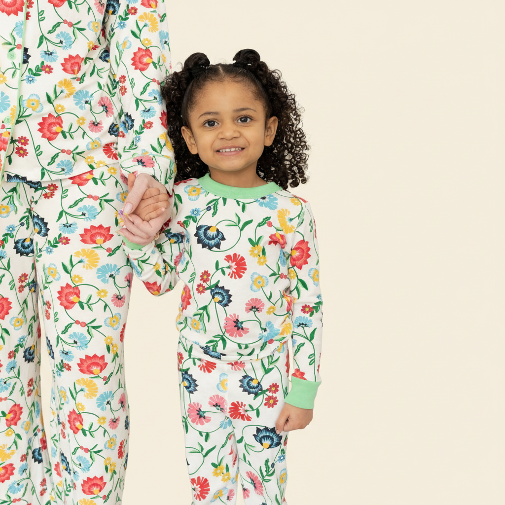 Toddler wearing the Zahra two-piece bamboo pajama set