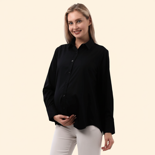 Classic Button Down Maternity Shirt model on warm ivory background