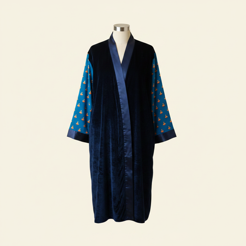 Adult Robe – Velvet & Satin – Blue Diya on clean warm ivory background, zero shadows — CULTR editorial product photo