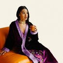 Adult Robe – Velvet & Satin – Purple Rangoli with model on ivory background