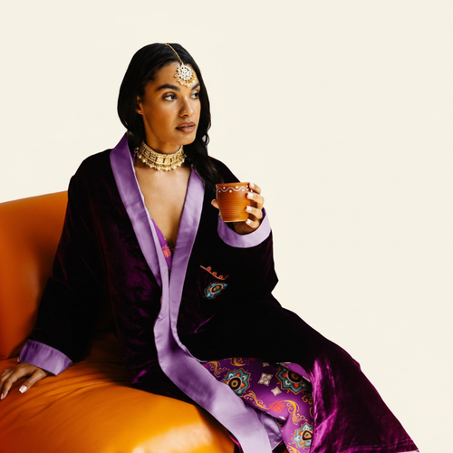 Adult Robe – Velvet & Satin – Purple Rangoli with model on ivory background