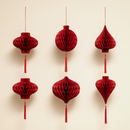 Honeycomb Red Lanterns set of 6 on clean warm ivory background, zero shadows — Bo & Mei editorial product photo