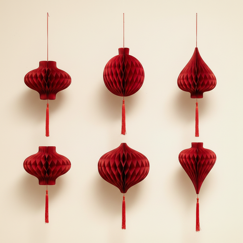 Honeycomb Red Lanterns set of 6 on clean warm ivory background, zero shadows — Bo & Mei editorial product photo