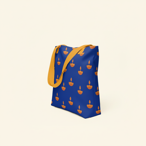Blue Diya Tote Bag on ivory background