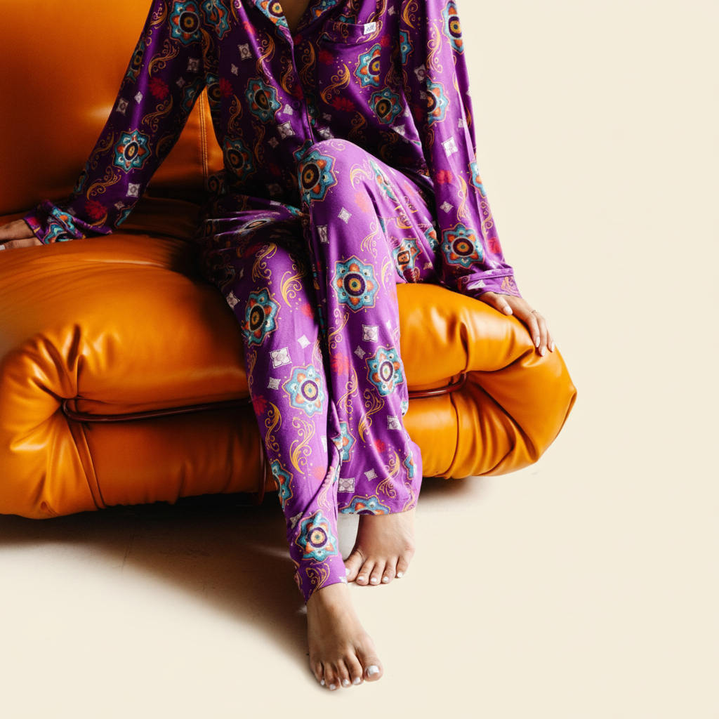 Adult Unisex Pajama Pants – Purple Rangoli with model on ivory background