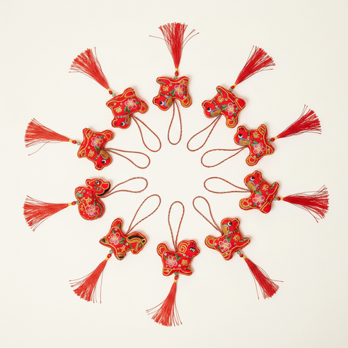 Chinese Zodiac Ornament Set on clean warm ivory background, zero shadows — Bo & Mei editorial product photo
