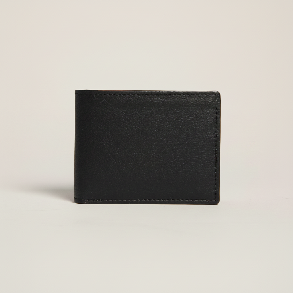 Gala Bifold Wallet Black model with natural ground shadow on warm ivory background