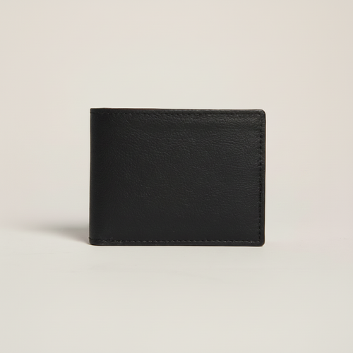 Gala Bifold Wallet Black model with natural ground shadow on warm ivory background