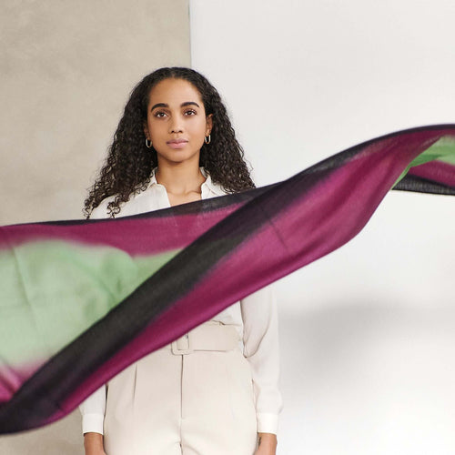 Iris Courtyard Green Purple Hand Woven Cashmere Merino Scarf