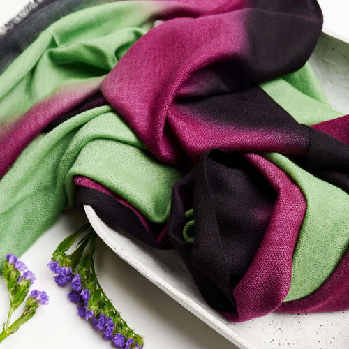 Iris Courtyard Green Purple Hand Woven Cashmere Merino Scarf