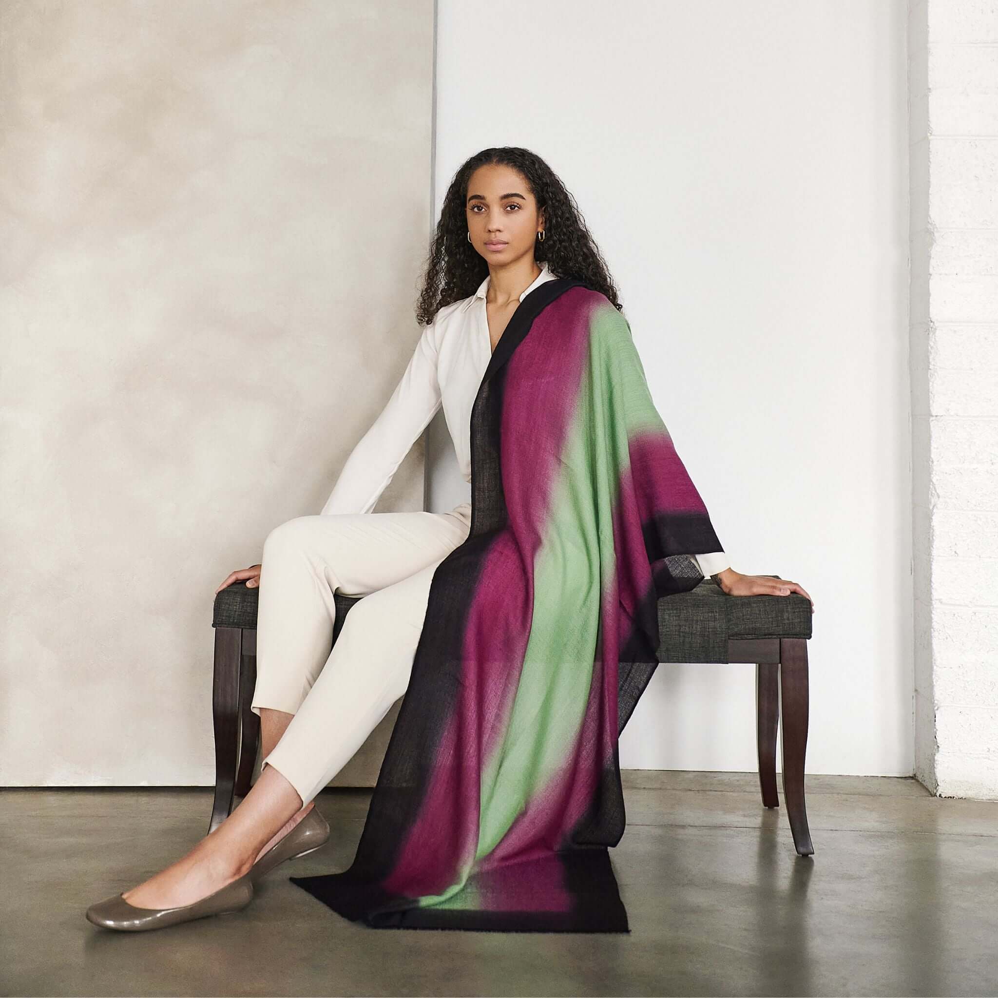 Iris Courtyard Green Purple Hand Woven Cashmere Merino Scarf