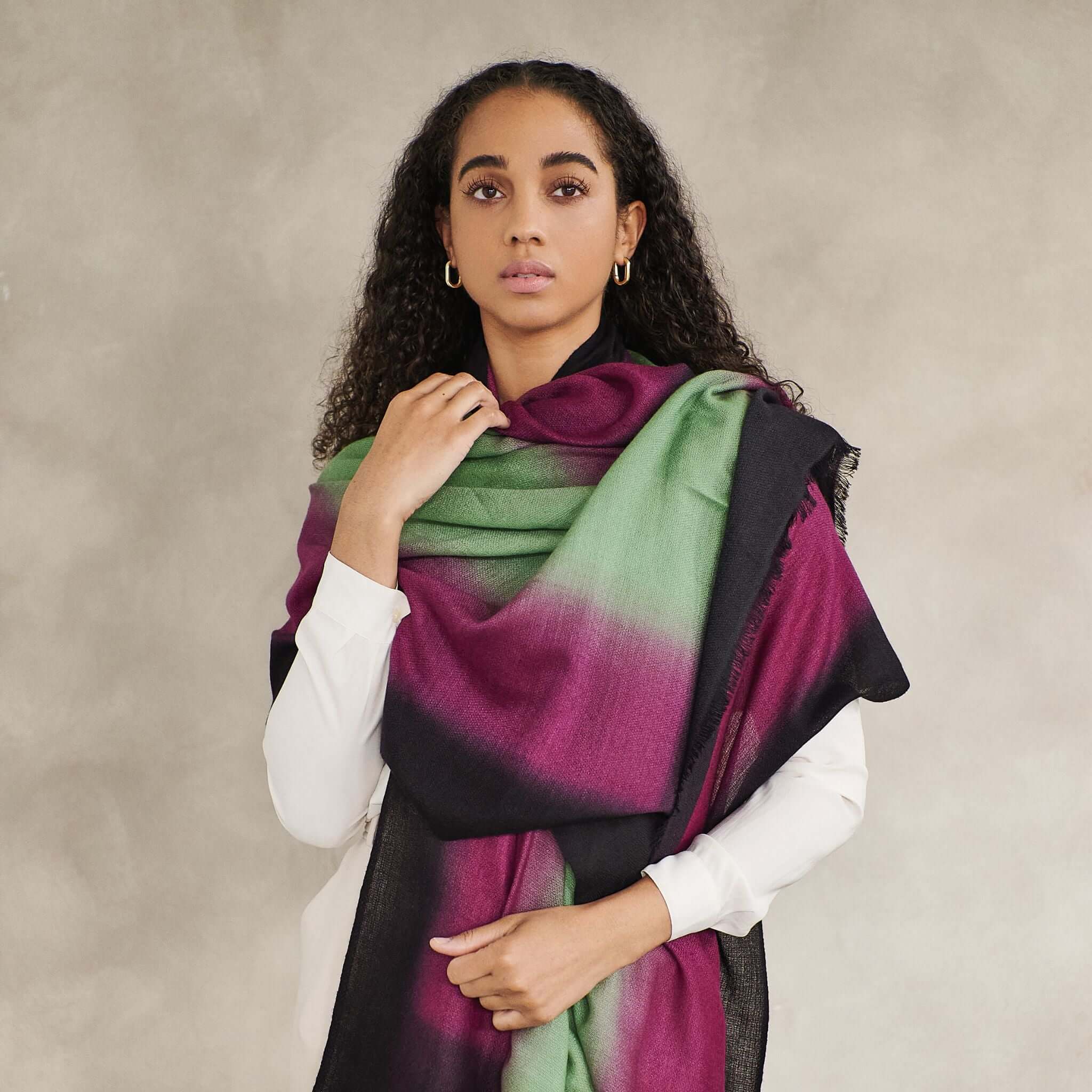 Iris Courtyard Green Purple Hand Woven Cashmere Merino Scarf