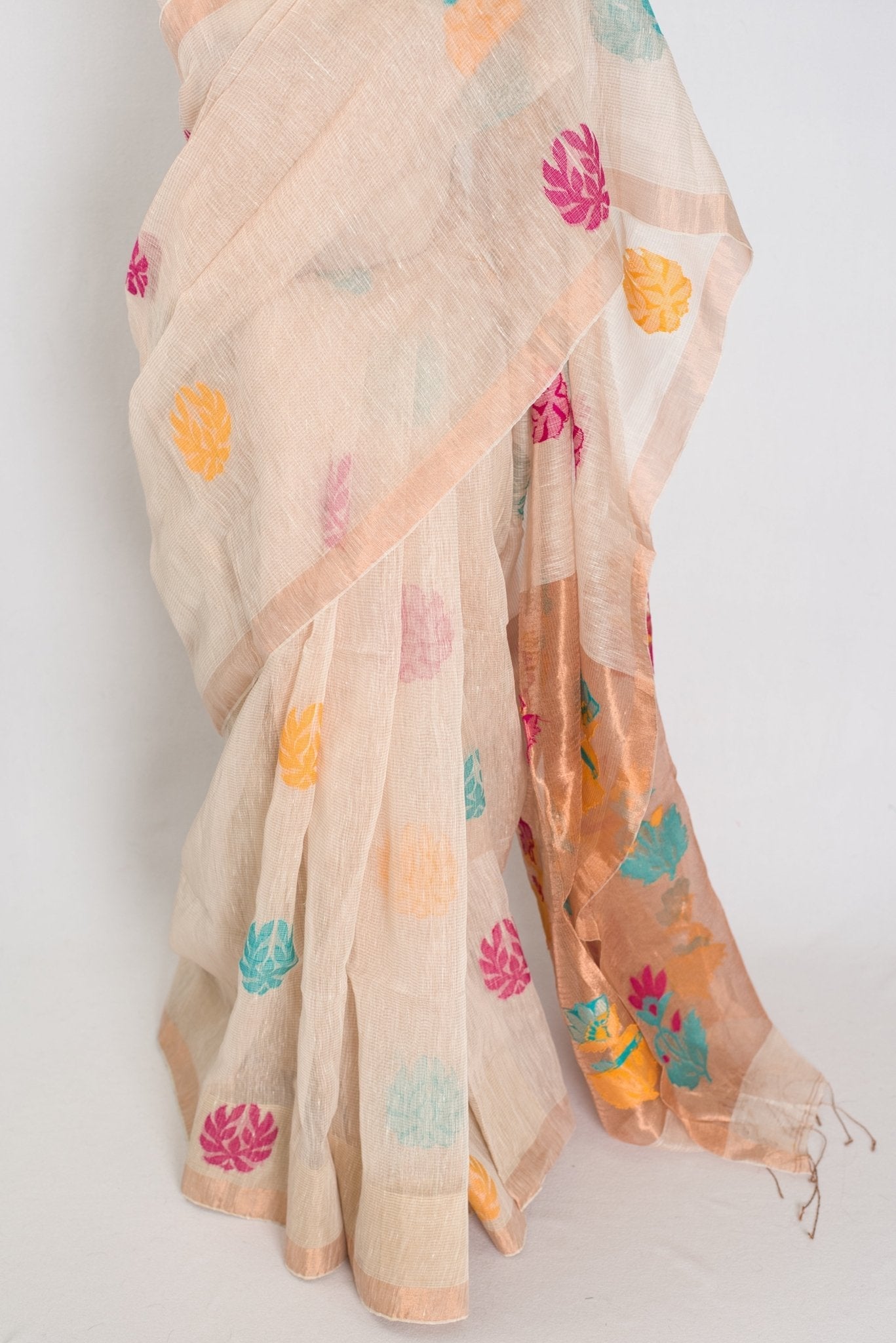 Mou: Beige & Gold Bengal Silk Linen Saree | Elegant Festive Wear