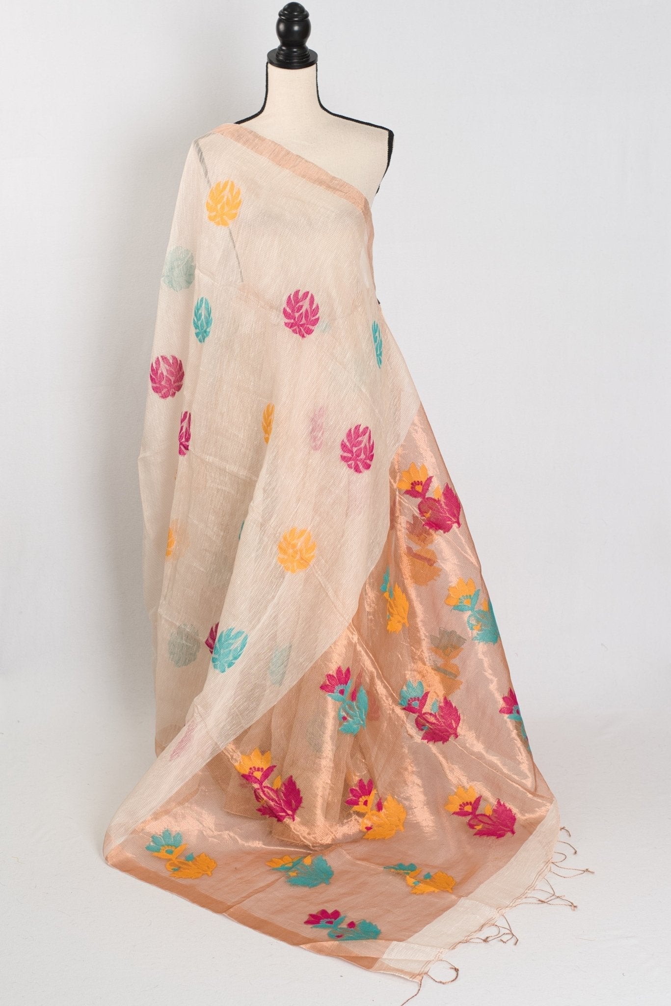 Mou: Beige & Gold Bengal Silk Linen Saree | Elegant Festive Wear