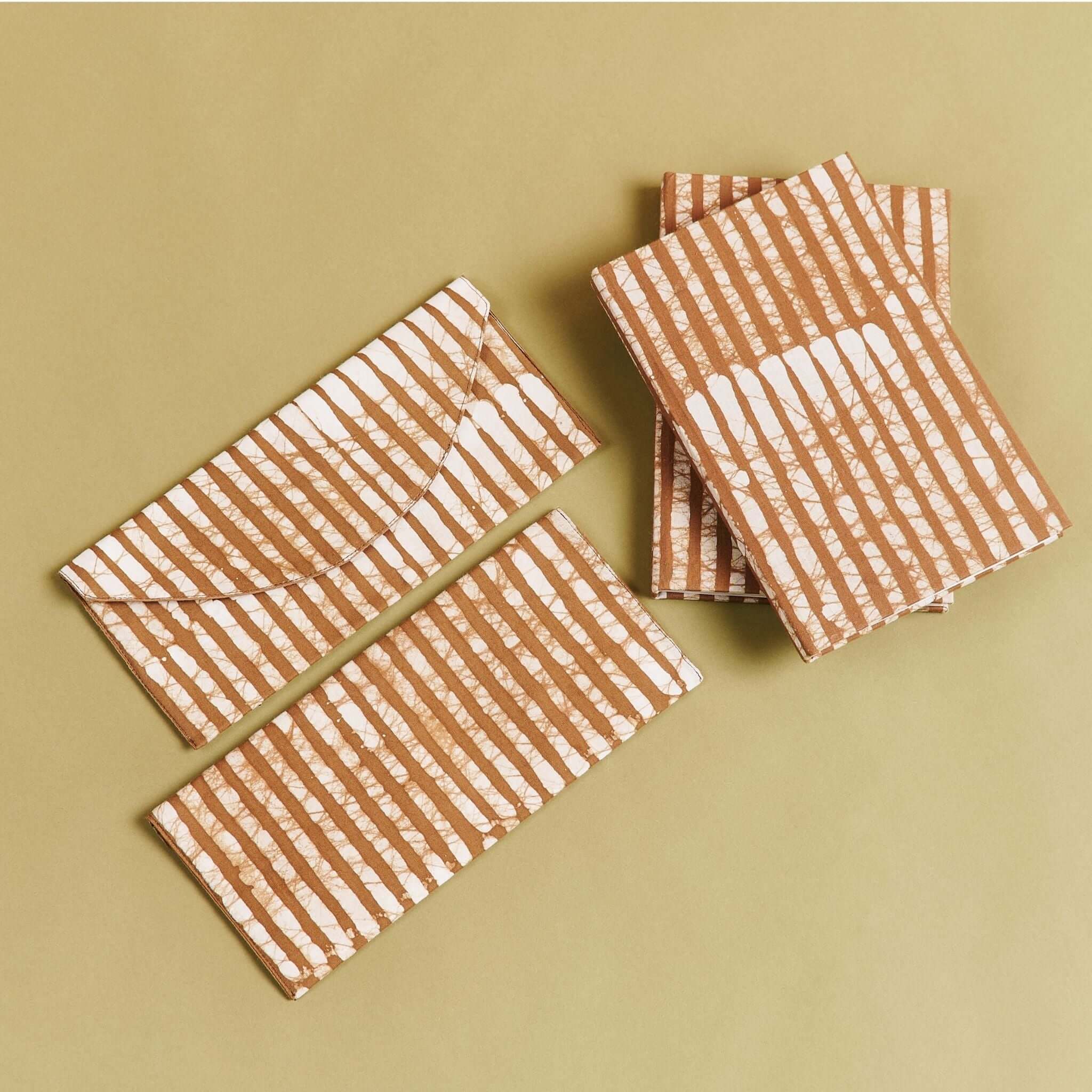 Oak Brown Stripes Cotton Wax Block Printed Envelope Pouch