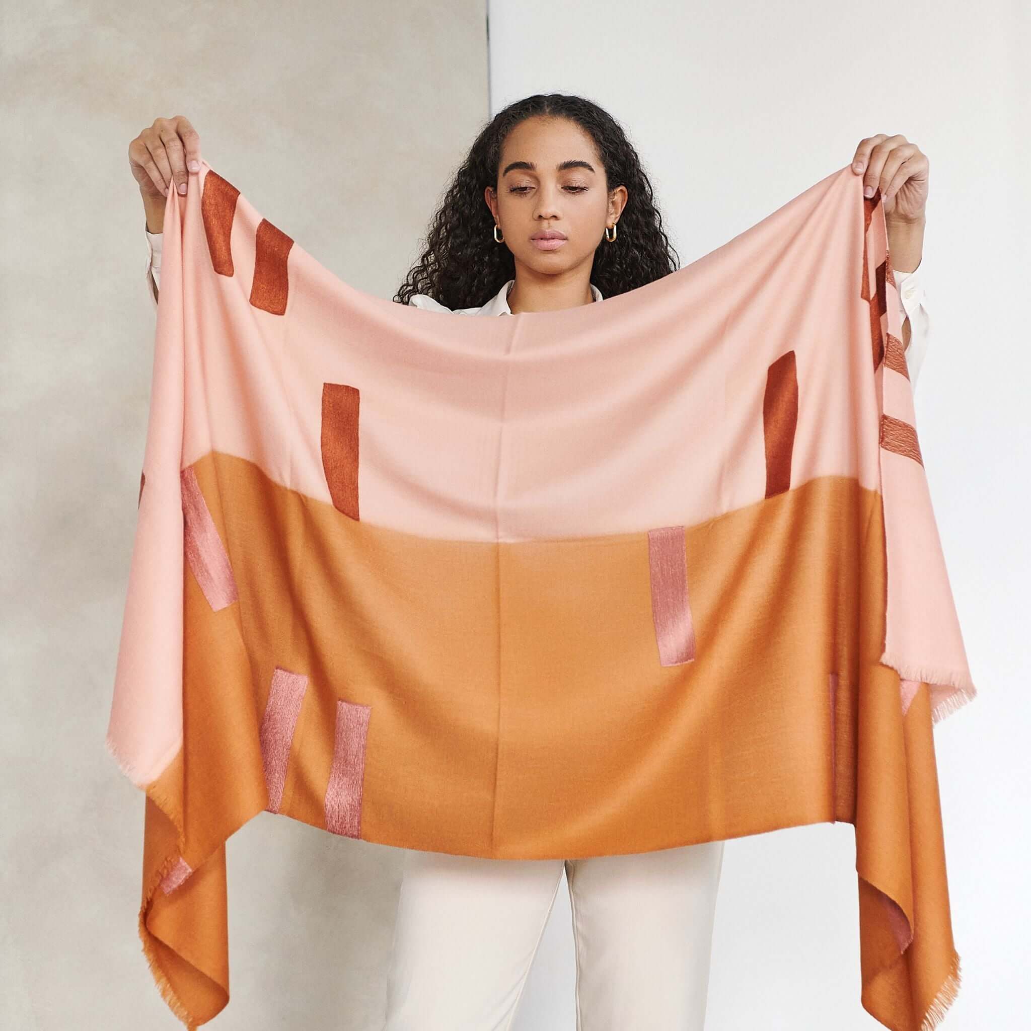 Canyon Orange Hand Embroidered Hand Woven Merino Blend Scarf
