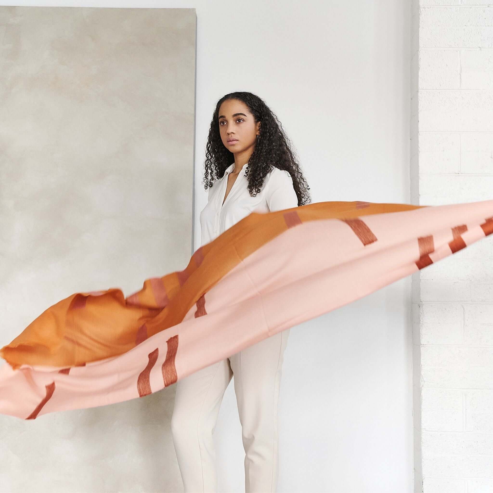 Canyon Orange Hand Embroidered Hand Woven Merino Blend Scarf