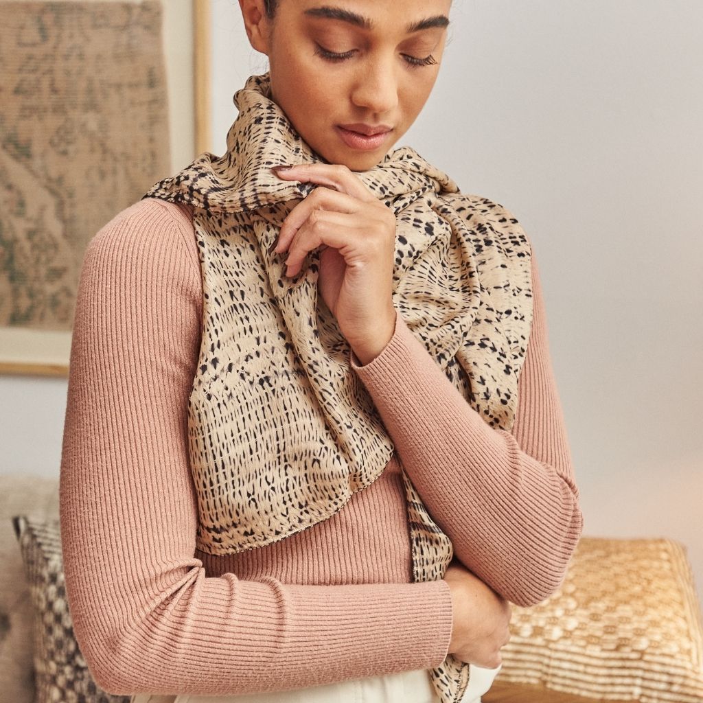 Tesu Black Gold Hand Crafted Shibori Silk Scarf