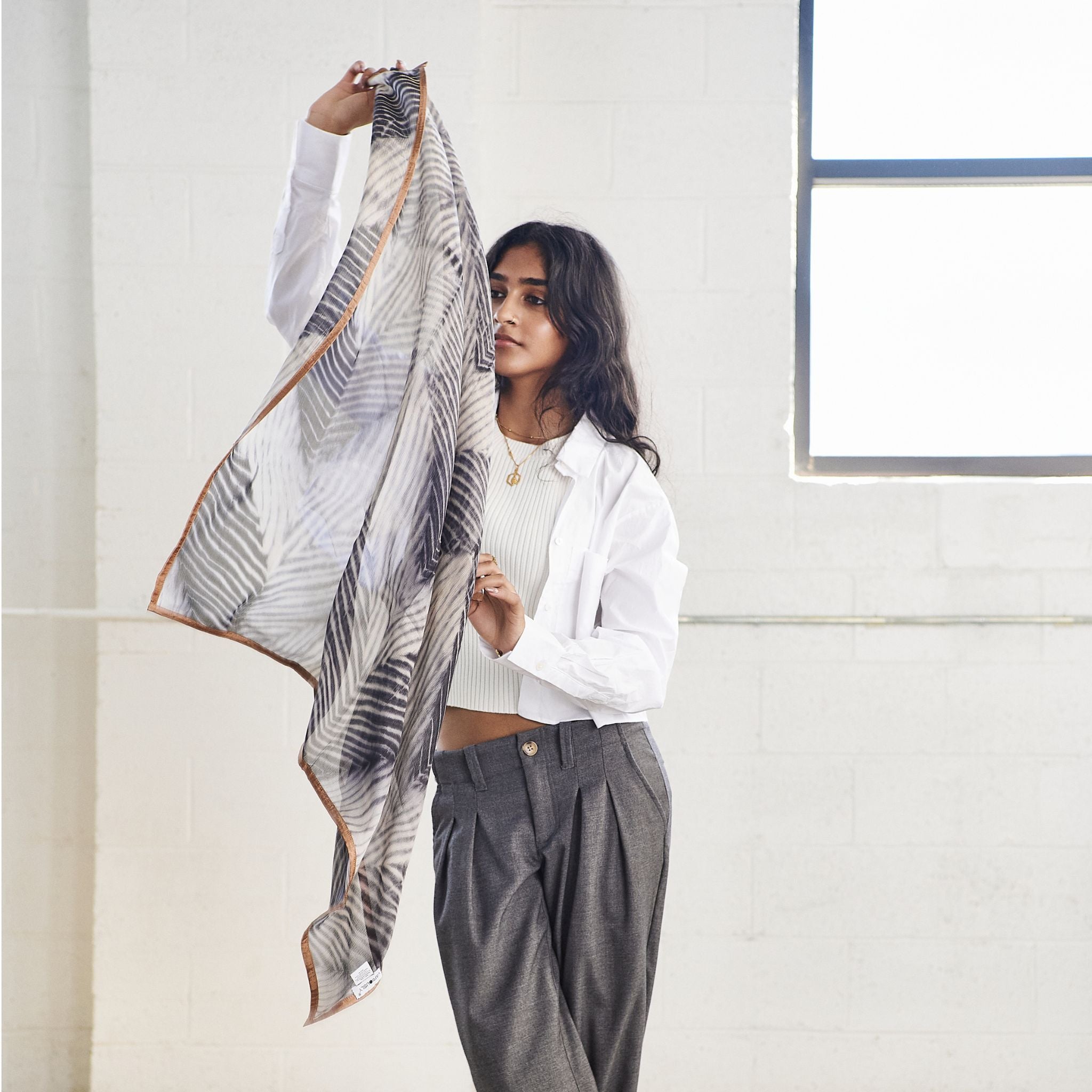 Samu Black Hand Crafted  Shibori Print Silk Chiffon Sqaure Scarf