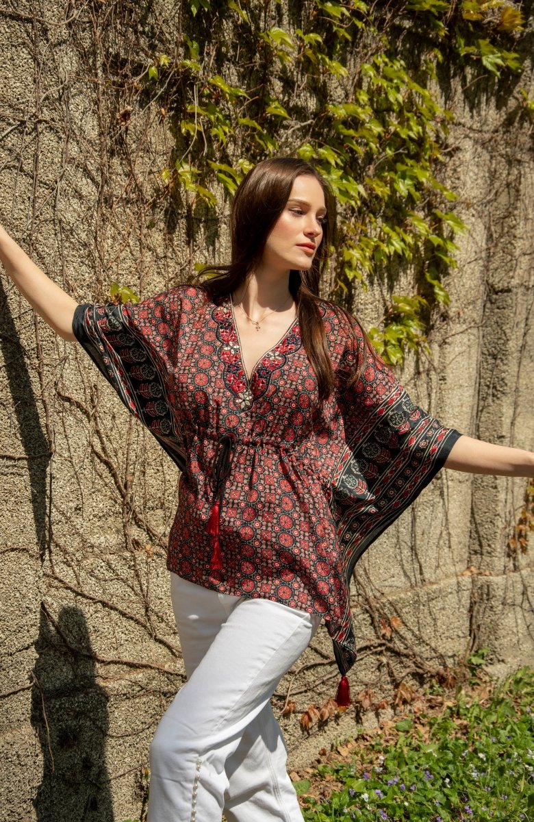 Yana Embroidered Ajrakh Kaftan Top
